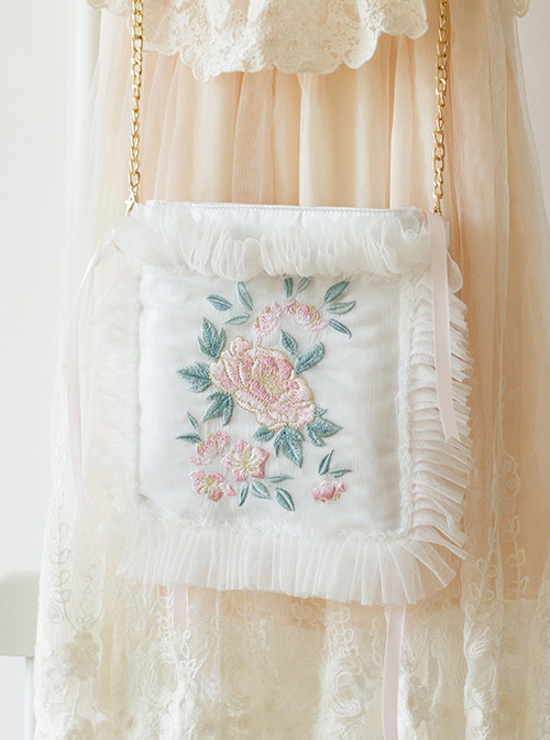 Retro Flowers Embroidery Chinese Style Qi Lolita White Lace Pillow Bag