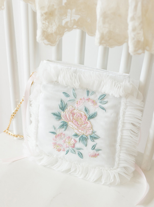 Retro Flowers Embroidery Chinese Style Qi Lolita White Lace Pillow Bag