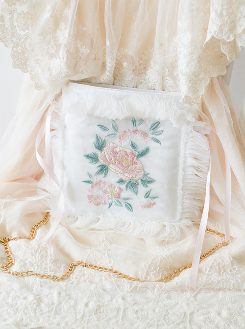 Retro Flowers Embroidery Chinese Style Qi Lolita White Lace Pillow Bag