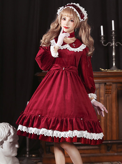 Lace Doll Collar Gorgeous Back Slit Gothic Lolita Velvet Pearl Long Sleeve Dress