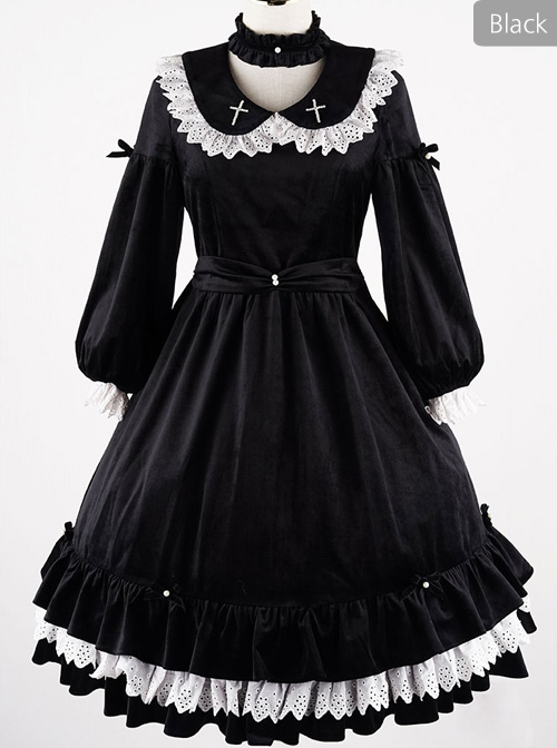 Lace Doll Collar Gorgeous Back Slit Gothic Lolita Velvet Pearl Long Sleeve Dress