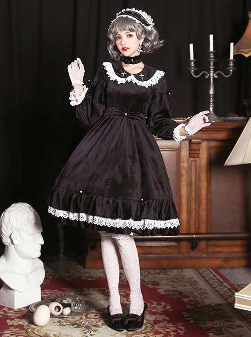 Lace Doll Collar Gorgeous Back Slit Gothic Lolita Velvet Pearl Long Sleeve Dress