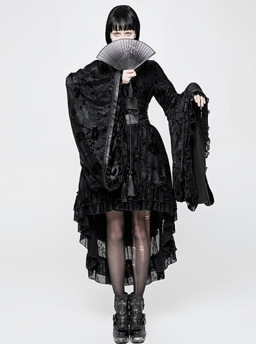 Flocking Printing Gothic Lolita Black Kimono Dress