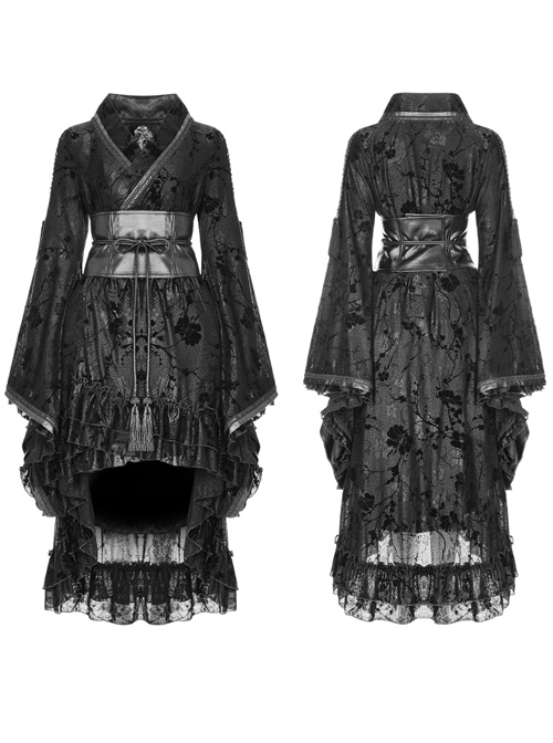 Flocking Printing Gothic Lolita Black Kimono Dress