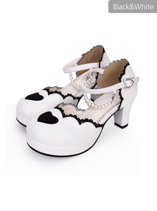 Round-toe Love Heart Sweet Lolita Pearl Chain High Heels Shoes