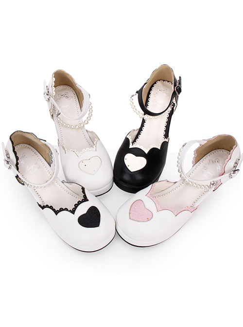 Round-toe Love Heart Sweet Lolita Pearl Chain High Heels Shoes