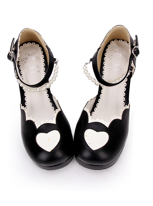 Round-toe Love Heart Sweet Lolita Pearl Chain High Heels Shoes