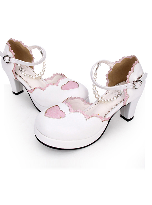 Round-toe Love Heart Sweet Lolita Pearl Chain High Heels Shoes