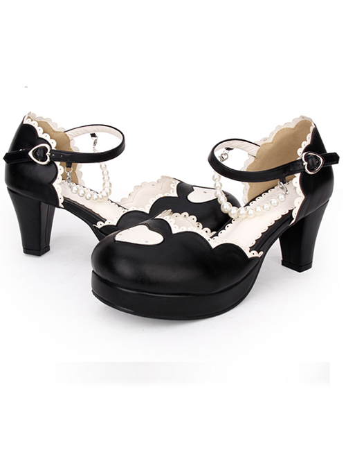 Round-toe Love Heart Sweet Lolita Pearl Chain High Heels Shoes