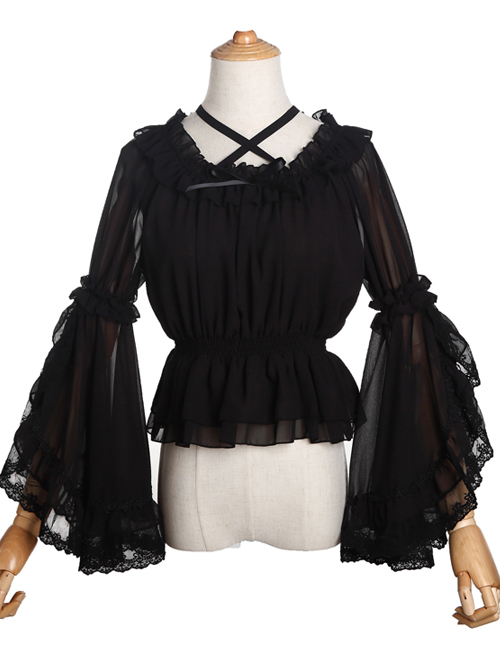 Chiffon Lace Ruffle Round Collar Classic Lolita Pure Color Trumpet Sleeve Shirt
