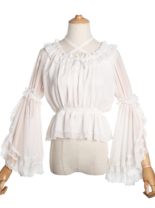 Chiffon Lace Ruffle Round Collar Classic Lolita Pure Color Trumpet Sleeve Shirt