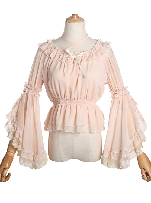 Chiffon Lace Ruffle Round Collar Classic Lolita Pure Color Trumpet Sleeve Shirt