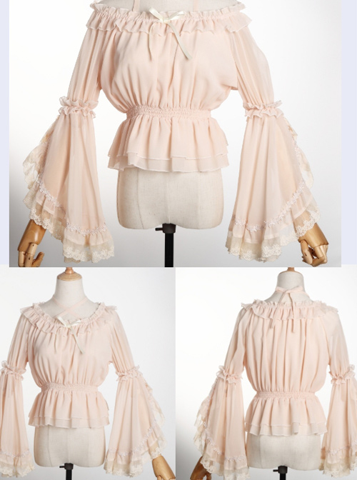 Chiffon Lace Ruffle Round Collar Classic Lolita Pure Color Trumpet Sleeve Shirt