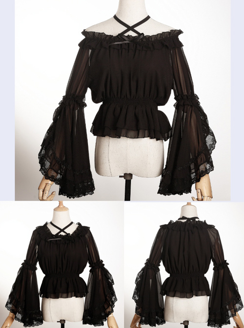 Chiffon Lace Ruffle Round Collar Classic Lolita Pure Color Trumpet Sleeve Shirt