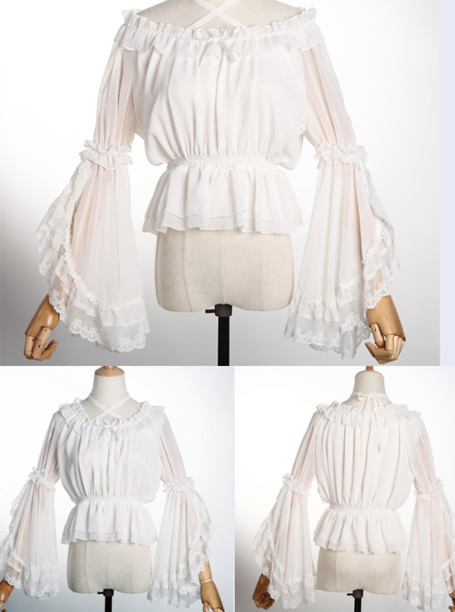 Chiffon Lace Ruffle Round Collar Classic Lolita Pure Color Trumpet Sleeve Shirt