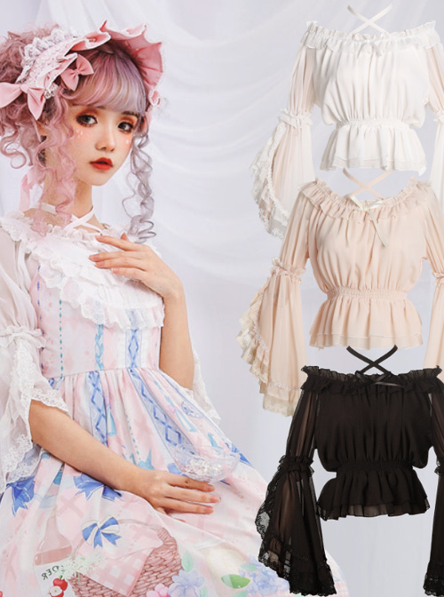 Chiffon Lace Ruffle Round Collar Classic Lolita Pure Color Trumpet Sleeve Shirt