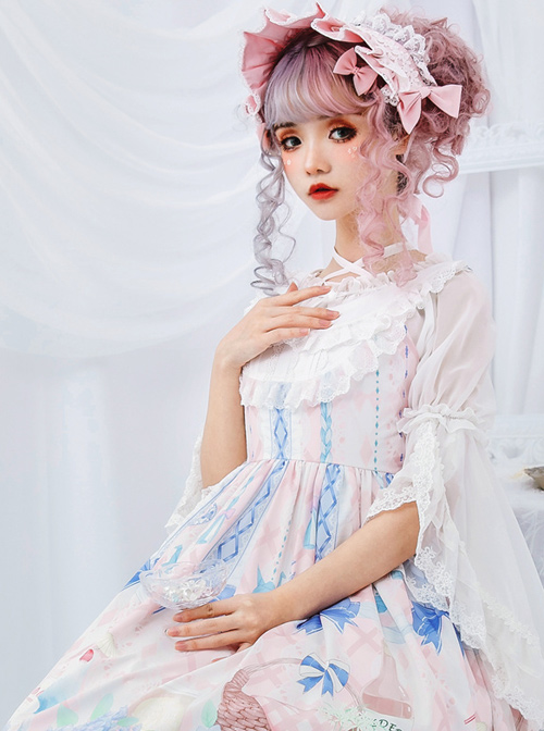 Chiffon Lace Ruffle Round Collar Classic Lolita Pure Color Trumpet Sleeve Shirt