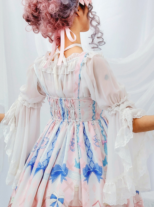 Chiffon Lace Ruffle Round Collar Classic Lolita Pure Color Trumpet Sleeve Shirt