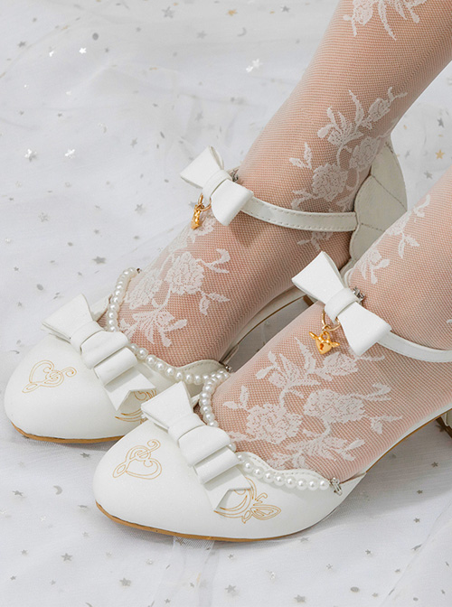 Pearl Chain Bowknot Classic Lolita Tea Party Style Middle Heels Shoes