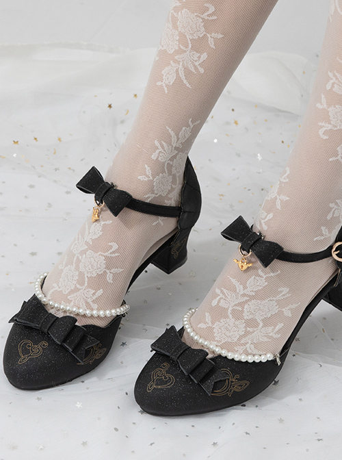 Pearl Chain Bowknot Classic Lolita Tea Party Style Middle Heels Shoes