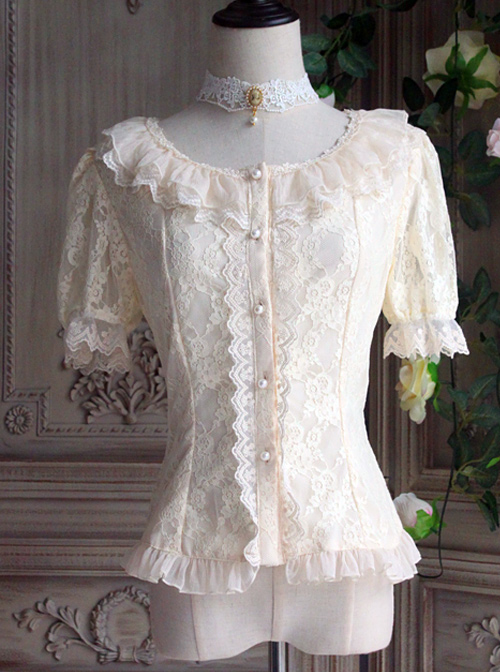 The Poetry Of Roses Series Lace Daily Short Sleeve Trumpet Sleeves Two Wearing Ways Classic Lolita Elegant Shirt