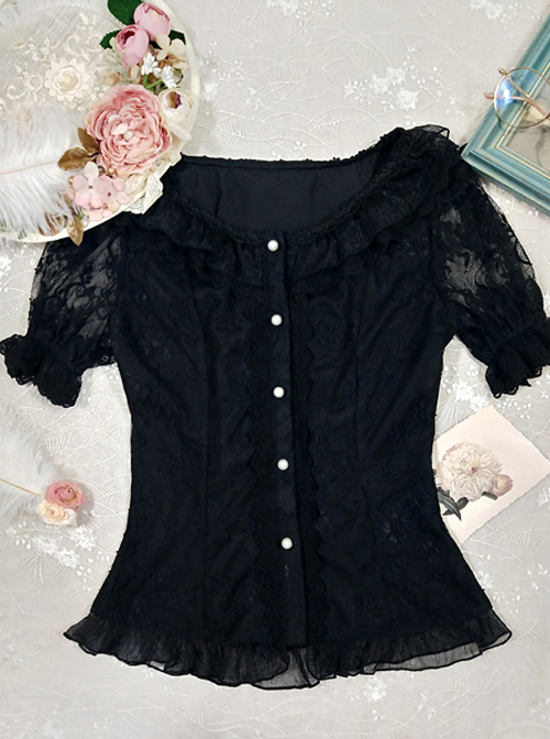 The Poetry Of Roses Series Lace Daily Short Sleeve Trumpet Sleeves Two Wearing Ways Classic Lolita Elegant Shirt