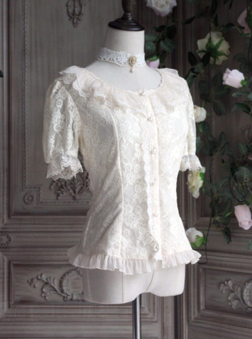 The Poetry Of Roses Series Lace Daily Short Sleeve Trumpet Sleeves Two Wearing Ways Classic Lolita Elegant Shirt