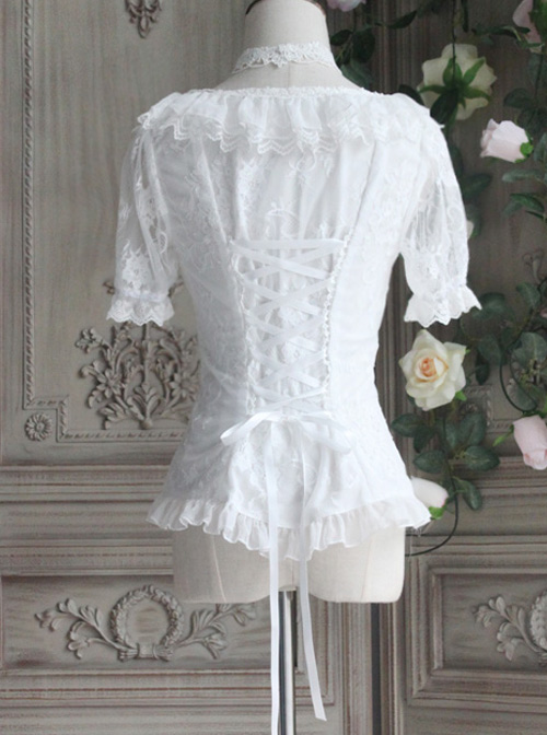 The Poetry Of Roses Series Lace Daily Short Sleeve Trumpet Sleeves Two Wearing Ways Classic Lolita Elegant Shirt