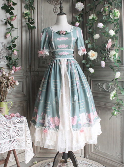 The Roses Poetry Series OP Plase Court Style Classic Lolita Short Sleeves Long Dress