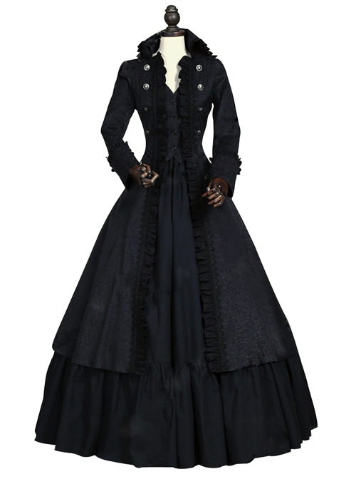 Victorian Retro Multicolor Palace Style Lolita Prom Long Dress And Coat Set