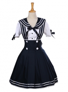 Black Bowknot Navy Style School Lolita Short Sleeve Dress Set