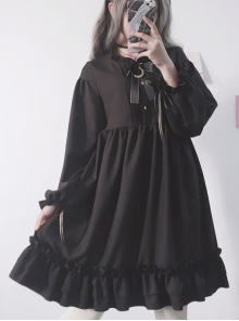 The Castle Under The Moonlight Series Pure Black Ruffle Hem Gothic Lolita Long Sleeve Dress