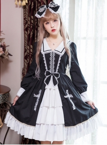 Black And White Lace Bowknot Lapel Lace Cross Gothic Lolita  Long Sleeve Dress