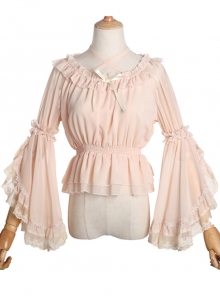 Chiffon Lace Ruffle Round Collar Classic Lolita Pure Color Trumpet Sleeve Shirt